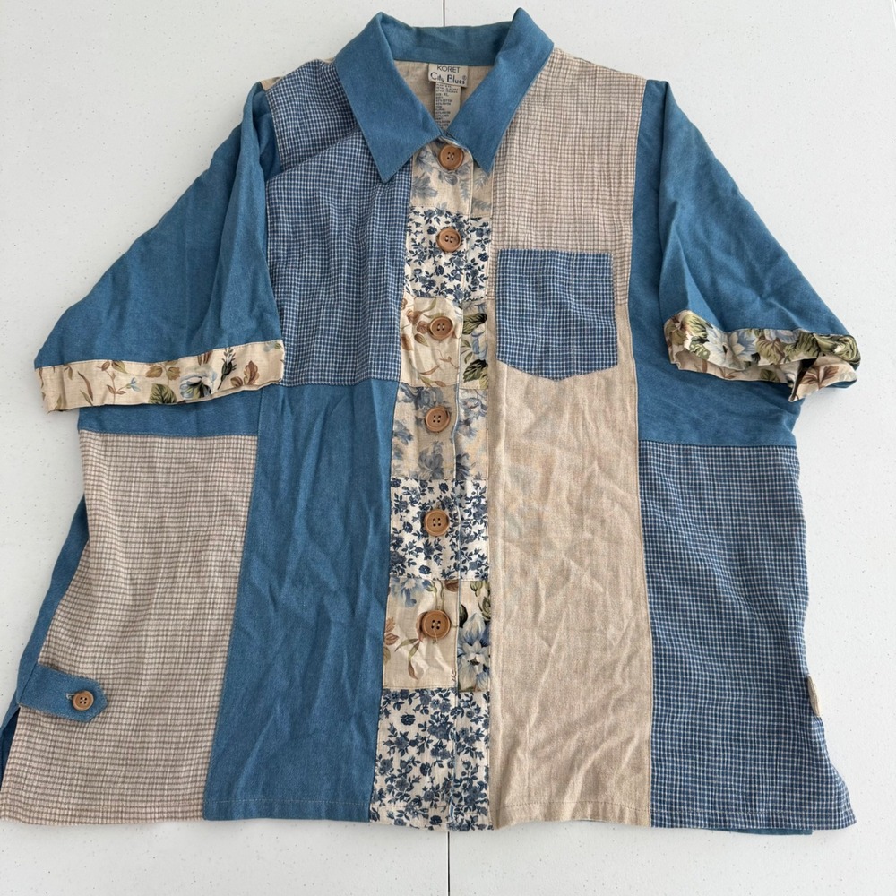 Vintage Linen Koret Women XL Patchwork Floral Gingham Button Shirt Cottagecore